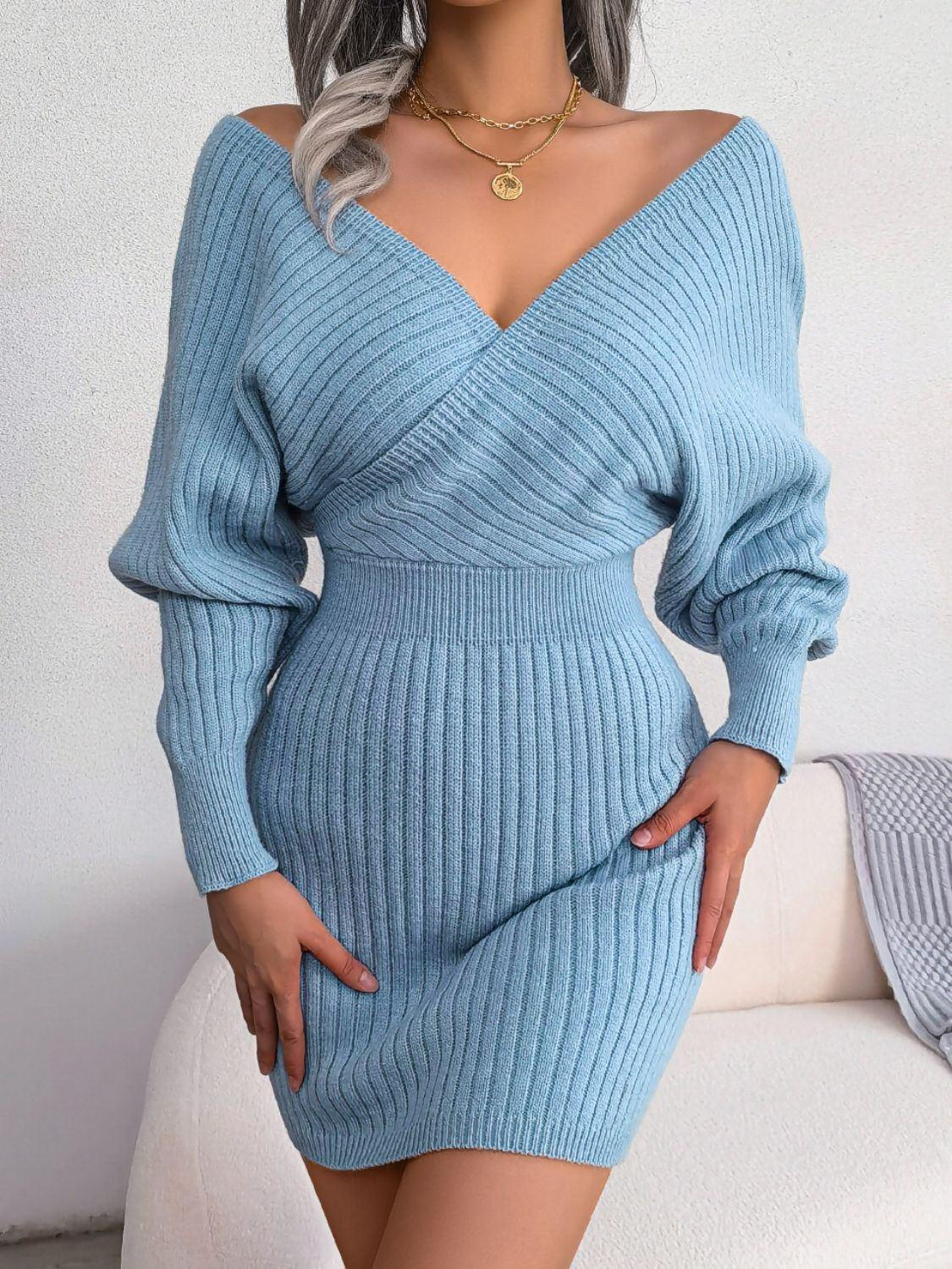 Rib - Knit Dolman Sleeve Sweater Dress - VILLA FASHION